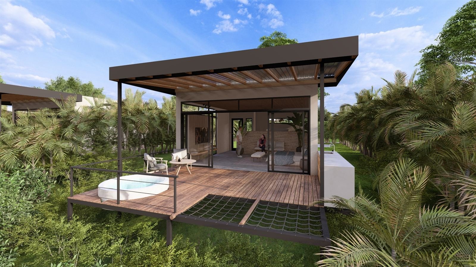 Cabaña con terraza de madera y jacuzzi